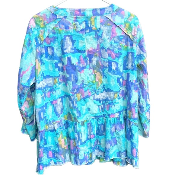 NWT Ali Miles Button Front Linen Blend Floral Top Size Lg, turquoise, blue, pink - Picture 9 of 9